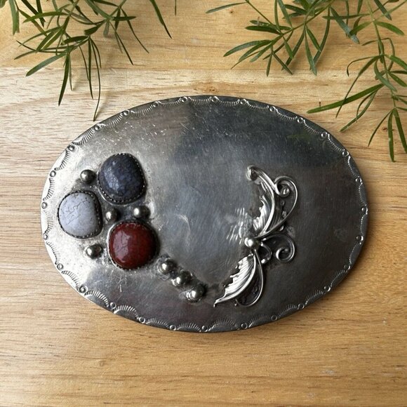 Southwest Belt Buckle 4" x 3" Red White Blue Fossil Dino Bone Sterling 75.0g - Picture 3 of 8